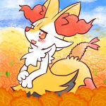  1:1 3_fingers ambiguous_gender annyui0611 anthro black_body black_fur blush braixen canid canine detailed_background digital_media_(artwork) fingers flower flower_field food fried_shrimp fur hi_res inner_ear_fluff looking_at_viewer mammal nintendo open_mouth outside plant pok&eacute;mon pok&eacute;mon_(species) smile solo tuft video_games white_body white_fur yellow_body yellow_fur 