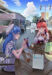  2girls 35p_(sakura_miko) absurdres ahoge asakura_(asa_t77) bare_shoulders beret black_headwear blue_eyes blue_hair blue_sky chair closed_eyes cloud commentary_request copyright_name crepe detached_sleeves drinking_straw eating food food_truck green_eyes hair_between_eyes hat highres holding holding_food hololive hoshimachi_suisei juice_box lamppost long_hair looking_at_another mikodanye multiple_girls pink_hair sakura_miko shadow shirt short_sleeves sign sitting sky smile table virtual_youtuber white_headwear white_shirt 