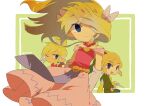  1boy 2girls artist_name belt blonde_hair blue_eyes blush dress floating_hair gloves green_headwear jewelry link long_hair looking_at_viewer multicolored_hair multiple_girls necklace pink_dress pointy_ears princess_zelda tetra the_legend_of_zelda the_legend_of_zelda:_the_wind_waker tiara tokuura 