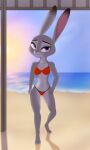  absurd_res anthro beach bikini bikini_bottom bikini_thong bikini_top black_tipped_ears butt_from_the_front clothing collarbone detailed_background disney ears_up eyebrows eyelashes female fur furbeyond grey_body grey_fur half-closed_eyes hands_on_hips hi_res judy_hopps lagomorph leporid light_body light_fur mammal narrowed_eyes naughty_face purple_eyes rabbit seaside shaded smile soft_lighting soft_shading solo sun sunset swimwear zootopia 