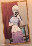  1girl blonde_hair cellphone clothes_lift grimbell highres mirror navel original phone red_eyes shirt shirt_lift short_sleeves smartphone stomach t-shirt towel towel_around_waist two-tone_shirt 