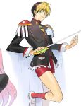  1boy black_hair black_jacket blonde_hair cosplay crossdressing green_eyes highres hikaru_no_go hikarusorano holding holding_sword holding_weapon jacket kneehighs long_sleeves multicolored_hair red_shorts shindou_hikaru shiny shiny_hair short_hair short_shorts shorts shoujo_kakumei_utena sketch socks solo_focus sword tenjou_utena tenjou_utena_(cosplay) two-tone_hair weapon white_footwear 