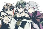  3boys ahoge arm_around_neck bangs black_shirt cherico closed_mouth ear_piercing expressionless fuwa_minato green_eyes grey_hair grin hair_between_eyes hand_up highres hood hooded_jacket hoodie jacket long_sleeves looking_at_viewer male_focus mayuzumi_kai multicolored_hair multiple_boys nijisanji open_clothes open_jacket outstretched_arm piercing profile purple_eyes purple_jacket reaching_out saegusa_akina shirt short_hair sideways_mouth signature simple_background smile streaked_hair upper_body v virtual_youtuber white_background white_hoodie white_jacket 