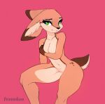  anthro breasts cervid covering female freeedon green_eyes hi_res mammal nude pink_background simple_background solo 