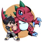  5oruu anthro bandai_namco black_hair blue_eyes chibi claws colored digimon digimon_(species) digimon_survive dinosaur duo eyewear goggles hair hi_res human male mammal red_body reptile scalie takuma_momozuka tyrannomon 