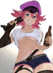  akisa_(12023648) belt belt_buckle blue_eyes bottle breasts buckle denim denim_shorts elbow_gloves final_fight fingerless_gloves from_below garter_straps gloves hat holding holding_bottle holding_whip looking_at_viewer navel pink_hair pink_headwear poison_(final_fight) shorts smile solo spiked_hair tank_top teeth underboob whip white_background white_tank_top 