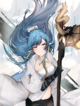  1girl absurdres arknights blue_eyes blue_hair coat commentary_request floating_hair grin gupipy highres holding holding_staff horns ling_(arknights) long_hair looking_at_viewer necktie open_clothes open_coat pointy_ears shirt smile solo staff strapless strapless_shirt very_long_hair white_coat white_shirt yellow_necktie 