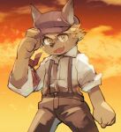  anthro blonde_hair canid caninu clothing cyberconnect2 fuga:_melodies_of_steel hair hat headgear headwear little_tail_bronx male malt_marzipan mammal solo suspenders urakata5x video_games yellow_eyes young 