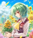  1girl absurdres ascot bangs blue_sky blurry blush breasts closed_mouth cloud cloudy_sky collared_shirt commentary_request eyes_visible_through_hair fingernails flower frills grass green_flower green_hair grey_shirt hair_between_eyes highres jar kazami_yuuka kinese_(katasutorohu) leaf long_fingernails long_sleeves looking_down medium_breasts mountain nature open_clothes open_vest orange_flower outdoors petals pink_flower plaid plaid_skirt plaid_vest puffy_long_sleeves puffy_sleeves purple_flower red_skirt red_vest scenery shirt short_hair skirt sky smile solo standing sunflower touhou vest yellow_ascot yellow_flower 