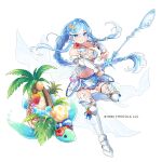  1girl blue_hair braid breasts cleavage coconut_tree company_name flower food fruit full_body hair_flower hair_ornament hibiscus holding holding_spoon ice ice_cube levka looking_at_viewer medium_breasts midriff multicolored_hair navel official_art oversized_object palm_tree red_flower simple_background skirt smile solo spoon standing standing_on_one_leg starfish streaked_hair sugar_conflict tree turtle white_background white_skirt 