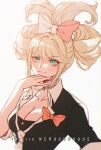  1girl alternate_hairstyle artist_name bangs black_shirt blonde_hair bow breasts cleavage criis-chan danganronpa:_trigger_happy_havoc danganronpa_(series) enoshima_junko hair_bow looking_at_viewer necktie red_bow shiny shiny_hair shirt smile solo twintails upper_body white_bow 