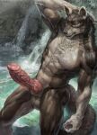  abs anthro big_penis canid canine canis genitals hi_res male male/male mammal muscular muscular_male nature nature_background partially_submerged_legs penis skinny solo thebigslick vein veiny_penis waterfall 