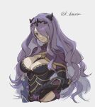  1girl armor armored_dress between_breasts black_armor black_dress breasts camilla_(fire_emblem) cleavage cloak closed_mouth commentary_request cropped_torso dress fire_emblem fire_emblem_fates gauntlets gloves hair_ornament hair_over_one_eye karashino large_breasts lips long_hair looking_at_viewer one_eye_covered pink_lips purple_cloak purple_eyes purple_gloves purple_hair simple_background smile solo tiara twitter_username very_long_hair wavy_hair white_background 