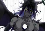  1boy black_hair black_sclera black_wings bleach collarbone colored_sclera facial_mark hishui_prpr hole_on_body looking_at_viewer multicolored_hair open_mouth purple_hair solo two-tone_hair ulquiorra_cifer upper_body white_background wings yellow_eyes 