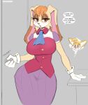  anthro big_breasts blue_eyes blush bodily_fluids breasts brown_eyes canid canine clothed clothing cooliehigh dialogue duo female fox fur gloves grey_background hair handwear hi_res huge_breasts lagomorph leporid male mammal mature_anthro mature_female miles_prower orange_hair rabbit sega simple_background sonic_the_hedgehog_(series) sweat tan_body tan_fur vanilla_the_rabbit video_games yellow_body yellow_fur 