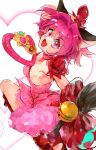  1girl animal_ears arm_strap bangs bare_shoulders breasts cat_ears cat_girl cat_tail choker cleavage dress gloves happy highres kazuya0810 looking_at_viewer magical_girl mew_ichigo momomiya_ichigo paw_pose pink_choker pink_dress pink_eyes pink_gloves pink_hair smile solo tail tokyo_mew_mew 