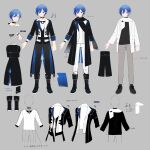  1boy absurdres black_choker black_footwear black_scarf blue_eyes blue_hair bracelet choker full_body grey_pants heiwa_(murasiho) highres jewelry kaito_(vocaloid) long_sleeves looking_at_viewer male_focus multiple_views pants project_sekai reference_sheet scarf short_hair standing vocaloid white_pants 