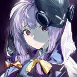  1girl absurdres atsuko_(blue_archive) bangs blue_archive bow closed_mouth coat gohanduck hair_bow highres hood hood_up hooded_coat long_hair looking_at_viewer low_twintails mask mask_on_head portrait purple_background purple_eyes purple_hair short_twintails solo twintails white_coat 
