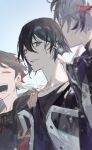  3boys bangs black_hair black_shirt blurry blurry_foreground brown_hair closed_eyes ear_piercing fuwa_minato green_eyes grey_hair hand_on_another&#039;s_shoulder highres jacket looking_at_viewer male_focus mayuzumi_kai multicolored_hair multiple_boys nijisanji open_clothes open_jacket open_mouth piercing saegusa_akina serita_jon shirt smile solo_focus streaked_hair teeth upper_body virtual_youtuber 