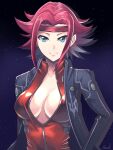  1girl black_jacket blue_eyes bodysuit breasts cleavage closed_mouth code_geass collarbone headband jacket kallen_stadtfeld long_hair long_sleeves looking_at_viewer medium_breasts open_clothes open_jacket partially_unzipped red_bodysuit red_hair shiny shiny_hair smile solo spiked_hair sumi_(user_fnfk5328) upper_body 