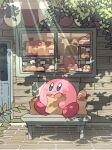  1boy baguette bakery bench blue_eyes bread dappled_sunlight day display display_case food holding kirby kirby_(series) leaf loaf_of_bread mutekyan no_humans outdoors shop sitting smile storefront sunlight 