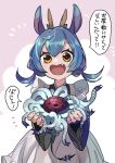 1girl :d animal_ears azaya_(kuroi_azaya) bangs blue_hair eyebrows_hidden_by_hair fang grey_background happy horns looking_at_viewer low_twintails medium_hair open_mouth original simple_background smile speech_bubble thought_bubble twintails white_background yellow_eyes 