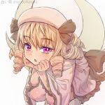  1girl bow chestnut_mouth drill_hair hat head_rest looking_at_viewer luna_child ringlets shiroi_karasu simple_background solo squatting touhou twin_drills white_background wings 