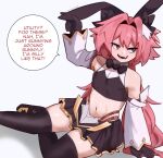  1boy animal_ears arm_support astolfo_(fate) astolfo_(saber)_(fate) bare_shoulders black_bow black_gloves black_skirt black_thighhighs bow detached_sleeves english_text fake_animal_ears fate/grand_order fate_(series) gloves hair_bow highres long_hair looking_to_the_side male_focus midriff multicolored_hair navel open_mouth otoko_no_ko pink_eyes pink_hair rabbit_ears sitting skirt sky_guy_art smile solo speech_bubble streaked_hair thighhighs very_long_hair white_hair 