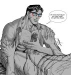  2boys abs artist_name bara bare_pectorals batman_(series) between_pectorals blush bruce_wayne chest_hair clark_kent collared_shirt completely_nude dated dc_comics english_text erection glasses highres large_pectorals male_focus multiple_boys muscular muscular_male navel nipples nude open_clothes open_shirt pecjob pectoral_focus pectorals penis scar scar_on_arm scar_on_cheek scar_on_chest scar_on_face shirt short_hair smile solo_focus superman_(series) too_many_scars uncensored yaoi yooko 