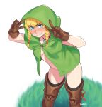  1girl absurdres artist_name bangs black_thighhighs blonde_hair blue_eyes blush boots bottomless braid brown_collar brown_footwear brown_gloves capelet collar commentary double_v embarrassed gloves grass green_capelet hair_between_eyes highres hood hood_up hyrule_warriors leather leather_boots leather_gloves linkle looking_at_viewer naked_capelet rob_ishi smile solo sweat the_legend_of_zelda thigh_boots thighhighs thighhighs_under_boots twin_braids v wavy_mouth 