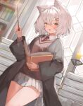  1girl :d animal_ears book book_stack bookshelf candle candlestand grey_hair harry_potter_(series) highres holding holding_book long_sleeves looking_at_viewer miniskirt open_clothes open_robe orange_eyes original pleated_skirt robe short_hair skirt smile sorotu sweater tail wand wide_sleeves 