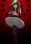  1girl :d arms_up bangs black_background black_jacket black_skirt black_thighhighs celestia_ludenberg center_frills danganronpa:_trigger_happy_havoc danganronpa_(series) drill_hair frilled_shirt frilled_skirt frilled_thighhighs frills highres jacket layered_skirt long_hair long_sleeves necktie open_clothes open_jacket open_mouth red_background red_eyes red_footwear red_necktie shindyushiyou shirt skirt smile solo teeth thighhighs twin_drills twintails upper_teeth white_shirt 