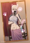  1girl animal_ears blonde_hair cat_ears cat_tail cellphone clothes_lift grimbell highres mirror navel original phone red_eyes shirt shirt_lift short_sleeves smartphone stomach t-shirt tail towel towel_around_waist two-tone_shirt 