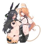  2girls anger_vein animal_ear_fluff animal_ears between_breasts black_hair black_hairband breasts closed_mouth cropped_legs fake_animal_ears fang female_pubic_hair frown hairband hand_on_hip heart_pasties juliet_sleeves large_breasts long_hair long_sleeves maebari mismatched_pubic_hair mouse_ears mouse_girl mouse_tail multiple_girls navel necktie necktie_between_breasts nyong_nyong open_mouth orange_eyes orange_hair orange_necktie orange_tail original pasties pubic_hair pubic_hair_peek puffy_sleeves rabbit_ears red_eyes simple_background star_pasties striped striped_legwear tail thighhighs white_background 