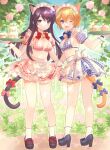  2girls :d absurdres animal_ears apron bell bikini black_hair blonde_hair blue_eyes bow breasts cake cat_ears cat_girl cat_tail commentary_request d&#039;artagnyan flower food from_behind full_body gloves hair_flower hair_ornament highres kkokko long_hair looking_at_viewer looking_back maid_bikini maid_headdress medium_breasts monster_strike multiple_girls neck_bell one_eye_closed outdoors plaid purple_eyes shion_(monster_strike) short_hair smile socks standing swimsuit tail tail_bow tail_ornament tea_set tray waist_apron white_gloves white_socks 