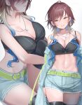  1girl aketa_mikoto bangs bare_arms bare_shoulders black_thighhighs blue_shorts blush boots breasts brown_hair cleavage cowboy_shot green_belt highres idolmaster idolmaster_shiny_colors jewelry large_breasts looking_at_viewer multiple_views navel necklace parted_lips short_hair short_shorts shorts shougun_(chuckni1) smile stomach thigh_boots thighhighs thighs white_background yellow_eyes 