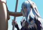  1boy 1girl azura_(fire_emblem) blue_hair covered_mouth erection fellatio fingerless_gloves fire_emblem fire_emblem_fates gloves headdress hetero jornyhail male_pubic_hair mouth_veil official_alternate_costume open_mouth oral penis profile pubic_hair staff uncensored veil veins veiny_penis yellow_eyes 