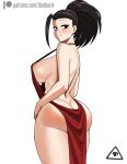  1girl :3 areola_slip artist_logo ass back bare_shoulders black_eyes black_hair blush boku_no_hero_academia breasts butt_crack closed_mouth commentary cowboy_shot donburi_(donburikazoku) dress earrings from_behind halterneck high_ponytail highres jewelry large_breasts long_hair looking_at_viewer median_furrow patreon_username pearl_earrings pelvic_curtain ponytail puffy_nipples red_dress sideboob simple_background smile solo strap_gap tsurime web_address white_background yaoyorozu_momo 