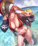  1girl absurdres bangs bikini black_headwear blush breasts fang hat highres holding holding_sword holding_weapon hololive houshou_marine large_breasts long_hair looking_at_viewer navel open_mouth otk pirate_hat red_bikini red_eyes red_hair skin_fang solo_focus sweat swimsuit sword twintails virtual_youtuber weapon 