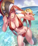  1girl absurdres bangs bikini black_headwear blush breasts fang hat highres holding holding_sword holding_weapon hololive houshou_marine large_breasts long_hair looking_at_viewer navel open_mouth otk pirate_hat red_bikini red_eyes red_hair skin_fang solo_focus sweat swimsuit sword twintails virtual_youtuber weapon 