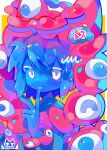  1girl artist_logo bangs blush creature eyeball highres index_finger_raised looking_to_the_side monster_girl original pink_eyes safety_pin short_hair slime_(creature) slime_(substance) slime_girl smile solo tongue tongue_out translation_request uenomigi white_eyes wristband 