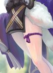  1girl blurry blurry_background dalcom dated_commentary feet_out_of_frame fur_trim highres japanese_clothes legs long_sleeves nijisanji out_of_frame rindou_mikoto shiny shiny_skin sleeves_past_fingers sleeves_past_wrists solo thigh_strap thighs virtual_youtuber wide_sleeves 
