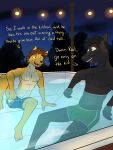  anthro bulge canid canine canis clothed clothing coyote dialogue duo english_text equid equine facial_hair fuze goatee hi_res horse hot_tub male mammal night nipples outside partially_submerged rod_reyes sam_jackson sitting swimming_trunks swimwear texnatsu text topless water 