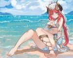  1girl absurdres bare_shoulders barefoot beach blue_sky breasts day detached_sleeves duzizai feet forehead_jewel full_body genshin_impact green_eyes highres horns jewelry long_hair long_sleeves looking_at_viewer midriff navel nilou_(genshin_impact) ocean outdoors red_hair scenery sky smile soles toes twintails underboob veil 