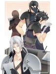  4boys angeal_hewley armor bangs belt black_gloves black_hair black_jacket blue_shirt book border brown_hair chair chest_strap collarbone crisis_core_final_fantasy_vii desk facial_hair facing_away final_fantasy final_fantasy_vii genesis_rhapsodos gloves green_eyes grey_hair hand_on_hip high_collar highres holding holding_book holding_paper i_ne_rrr jacket long_hair male_focus multiple_belts multiple_boys muscular muscular_male musical_note open_collar open_mouth pants paper parted_bangs pen purple_pants purple_shirt reading red_jacket sephiroth shaking shirt short_hair shoulder_armor sleeveless sleeveless_turtleneck soul_patch spiked_hair sweatdrop turtleneck upper_body zack_fair 