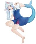  1girl animal_ears arm_support bangs bare_legs barefoot blue_dress blue_eyes blue_hair blunt_bangs blush cat_ears cat_girl check_commentary commentary_request dress eyelashes feet fish_tail full_body gawr_gura grey_hair hand_up head_tilt hololive hololive_english invisible_chair legs looking_at_viewer multicolored_hair omu_kichi shark_girl shark_tail sharp_teeth shiny shiny_hair short_sleeves sidelocks simple_background sitting soles solo streaked_hair tail teeth thighs toes virtual_youtuber white_background 