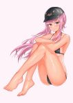  1girl absurdres andy2465 bangs bare_legs barefoot bikini black_bikini black_headwear blunt_bangs blush breasts collarbone crossed_arms english_commentary feet grey_background highres hololive hololive_english knees_together_feet_apart knees_up legs long_hair long_legs micro_bikini mori_calliope pink_eyes pink_hair shadow shiny shiny_hair sideboob sidelocks smile solo swimsuit tan tanlines thighs toes underboob virtual_youtuber 