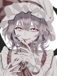  1girl ascot brooch frilled_shirt_collar frills hands_up hat highres jewelry looking_at_viewer mob_cap nail_polish parted_lips pink_eyes remilia_scarlet simple_background smile solo teeth touhou white_background zabu_rou 