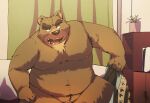  2022 anthro arufina_w barely_visible_genitalia barely_visible_penis bed bedroom belly big_belly bodily_fluids brown_body brown_fur clothing detailed_background fur furniture genitals hi_res humanoid_hands inside kemono male mammal moobs navel nipples overweight overweight_male penis solo sweat underwear undressing ursid 