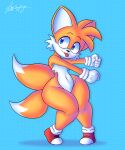  2_tails absurd_res anthro big_ears black_nose blue_eyes canid canine clothing dancing doggostar footwear fox fur girly hi_res male mammal miles_prower multi_tail red_clothing red_footwear red_shoes sega shoes simple_background socks solo sonic_the_hedgehog_(series) thick_thighs tongue tongue_out white_body white_clothing white_footwear white_fur white_socks wide_hips yellow_body yellow_fur 